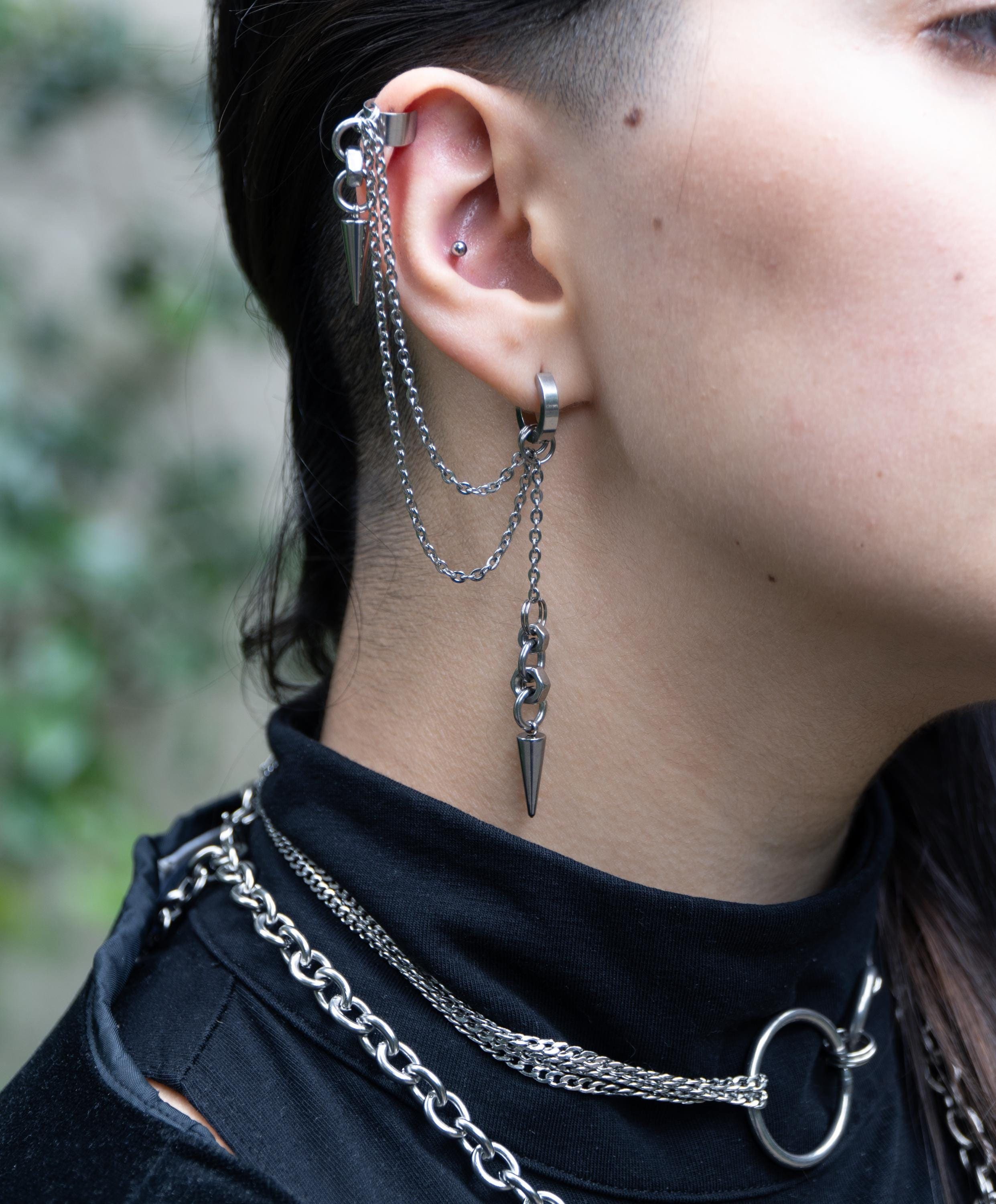 ChaindJewellery Zombie Multi-Way Two Piercing Earring with Cuff, Grunge Spike Earrings, Modular Chain Design Earring, Helix and Conch Earring ChaindJewellery Zombie Multi-Way Two Piercing Earring with Cuff, Grunge Spike Earrings, Modular Chain Design Earring, Helix and Conch Earring