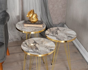Side table set of 3 round brown metal feet EYGD08