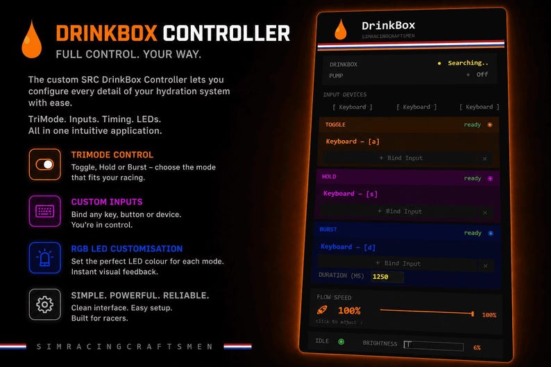 May include: A digital interface for the DrinkBox Controller featuring a dark theme with orange accents. The screen displays configuration settings for hydration systems, including toggle, hold, and burst modes, input binding, and flow speed controls.