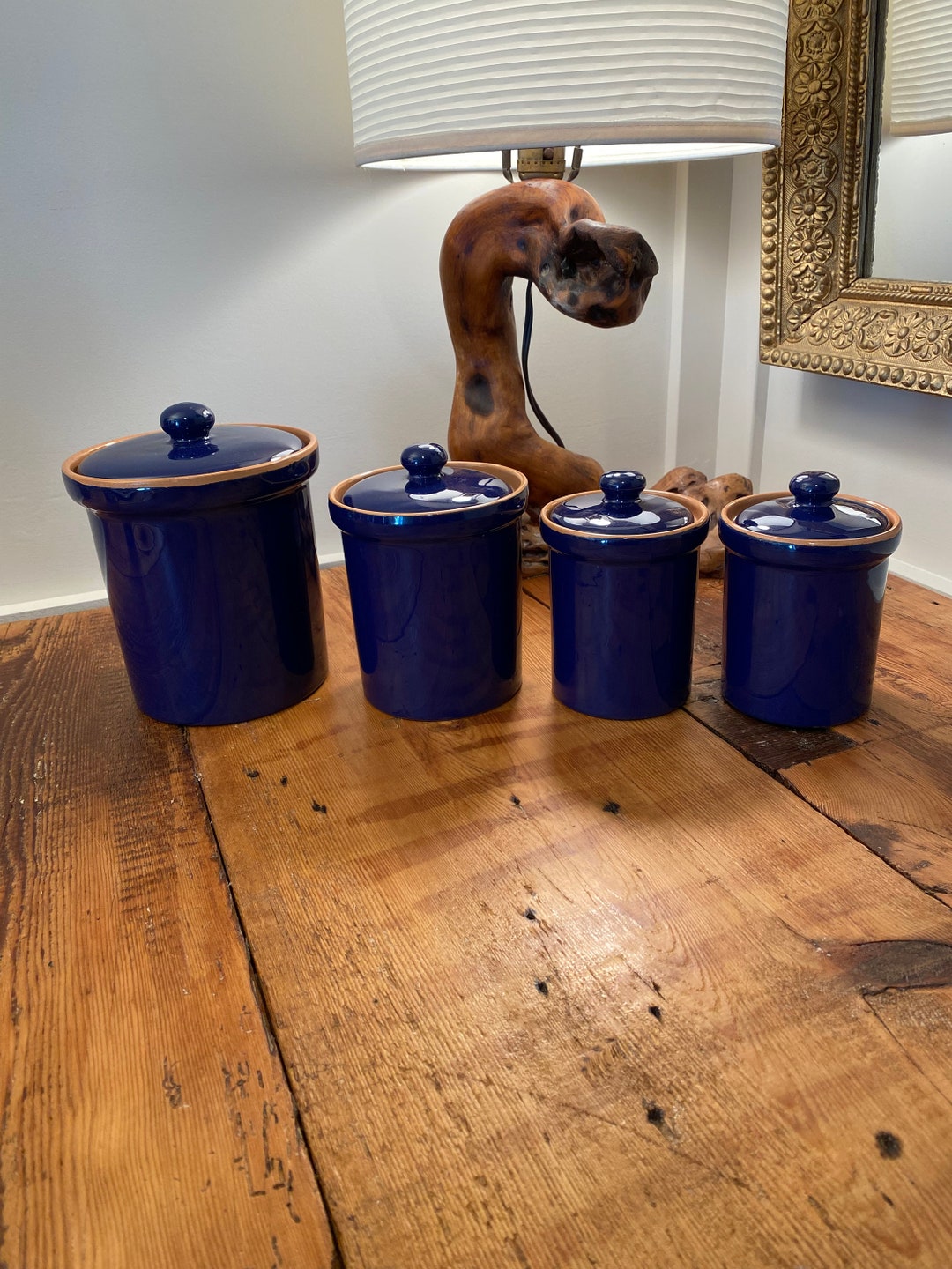 Cobalt Blue Glazed Terracotta Canister Set. Vintage Made in Italy