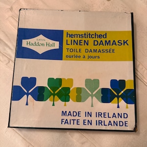 Juego de 8 servilletas de lino estilo damasco con dobladillo cosido vintage de Eaton Haddon Hall en caja original. 12 x 12 pulgadas.