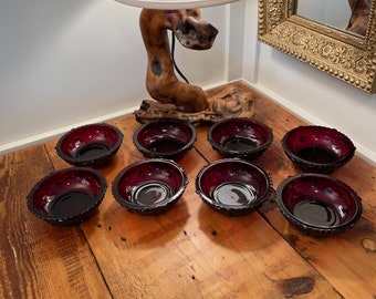 Avon Cape Cod Collection ruby red dessert bowls. Set of 8 vintage red pressed glass dessert bowls.