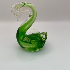 Vintage glass swan figurine. Green and clear glass pulled glass.