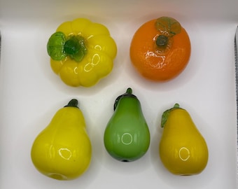 Glass Murano style fruits & vegetables. Orange, Pumpkin, Pears.