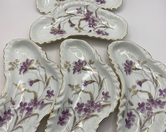 B.S.M. Austria floral & gilt China bone dishes. Crescent dishes. Vintage bone china.