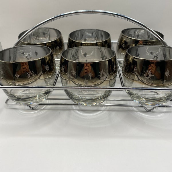 Vitreon Queen’s Lusterware ombré atomic starburst roly poly glasses. Set of 6 in chrome carrier. MCM vintage barware.