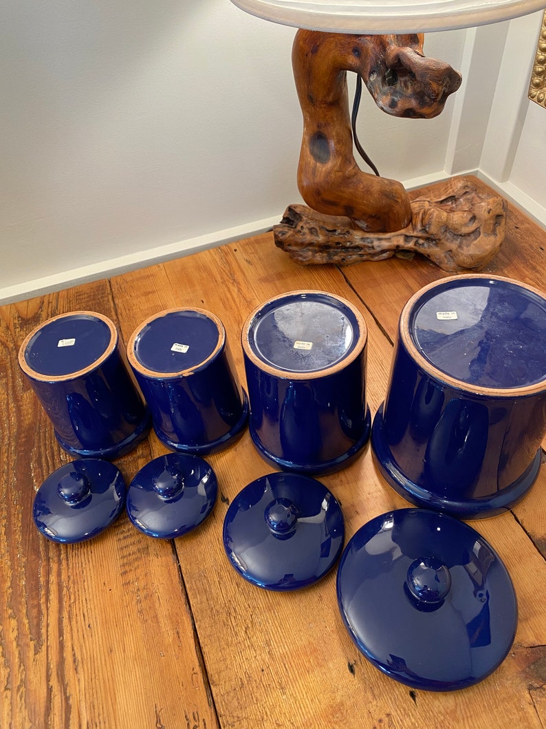 Cobalt Blue Glazed Terracotta Canister Set. Vintage Made in Italy