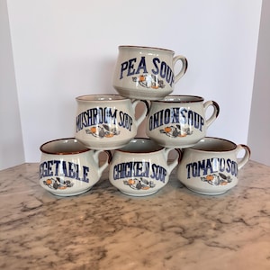 Vintage Festival made in Korea &quot;Gris&quot; Stoneware Soup Bowls. Set of 6 handled pot belly soup bowls