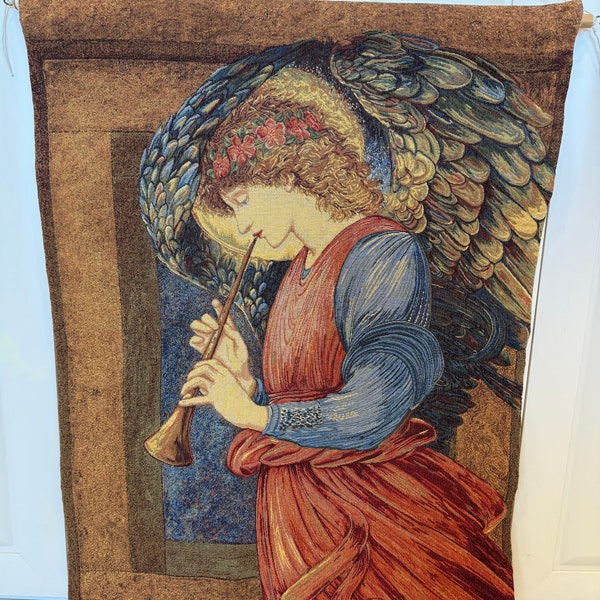 An Angel playing a Flageolet woven tapestry based on Edward Burne-Jones painting.