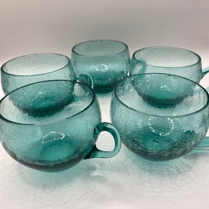 Vasos de vidrio craquelado para ponche de Blenko. Verde mar. Juego de 5. Problemas de estado.