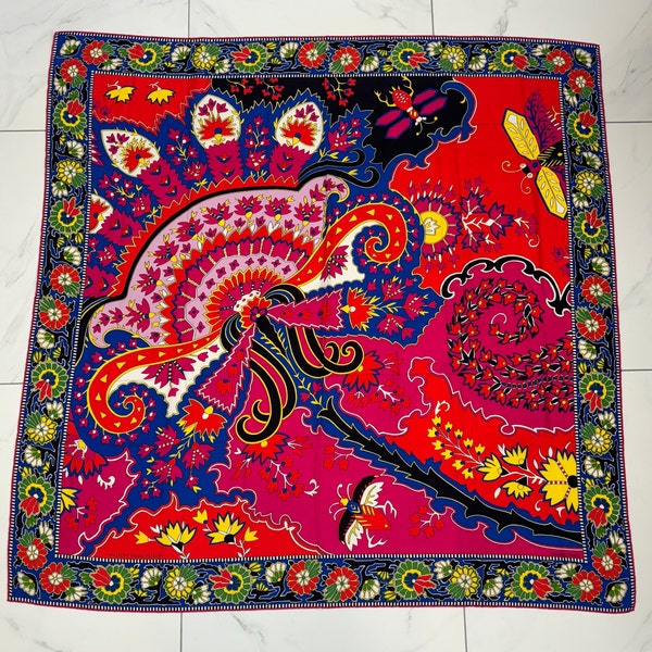 AUTHENTIC Hermes Cashmere Chale 140 stole titled "Paisley from Paisley" red, fuchsia, blue.