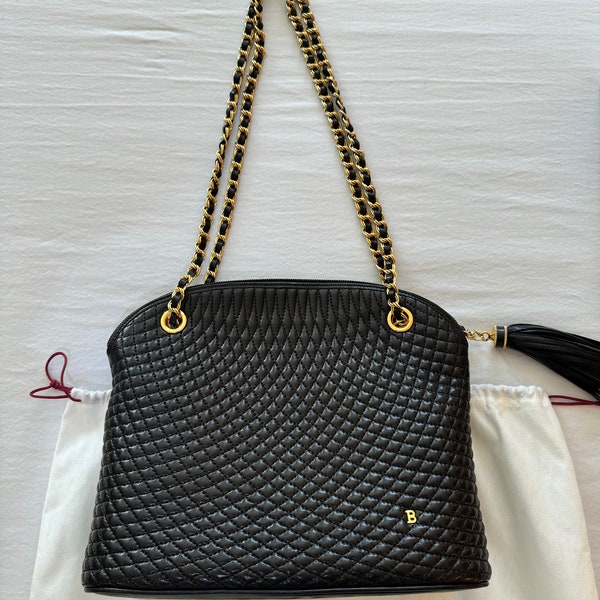 Bally Quilted Leather Shoulder Bag. Vintage Bally black lambskin w/gold detail. Original Dust Bag and Box.