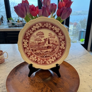 Spode Pink Tower dinner plate. 10 7/8” reproduction made in England. EUC.