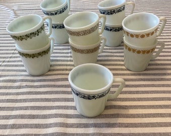 Pyrex vintage milk glass mugs. Mix and match. Butterfly Gold, Old Town Blue & Woodlands Brown.