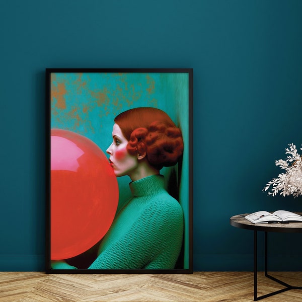 art print balloon artwork colour print girl woman beauty green painting red  gift artwork kitsch fashion quirky