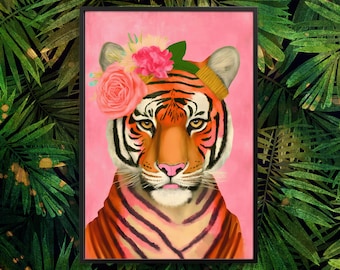 Impresión de arte de tigre rosa negrita arte floral kitsch rosa arte de pared de tigre peculiar estampado animal ilustración de tigre vibrante