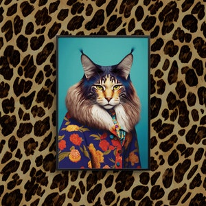 Maine Coone cat print wall art  cat lover cat gift, gift for cat lover  cat print  oil painting style cat wall art  colourful cat