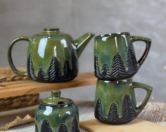 Green Forest Ceramic Tea Set – Handmade Pottery Teapot, Mug Set & Sugar Bowl/Handgemachte Keramik/Handmade Pottery/Weihnachtsgeschenk