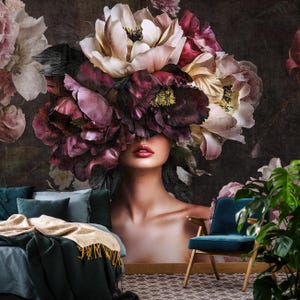 Carta da parati Donna con fiori / Arte / Carta da parati vintage, moderna, Bouquet di fiori / Ideale per camera da letto e soggiorno, Vlies Non-Vowen