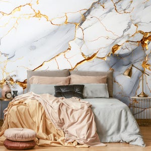 Marmo bianco e oro, murale in pietra, design in marmo, fotomurale glamour, ideale per camera da letto e soggiorno, Vlies Non-Vowen