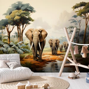 Carta da parati con elefanti nella giungla, decorazione murale con natura, animali selvatici, elefante, fotomurale, ideale per la camera dei bambini, Vlies Non-Vowen