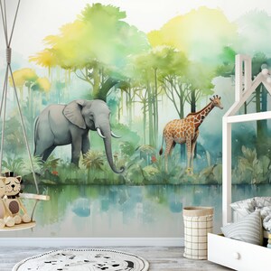 Carta da parati della giungla, murale della natura, animali, elefante e giraffa, murale fotografico in cemento, ideale per la camera dei bambini, Vlies Non-Vowen