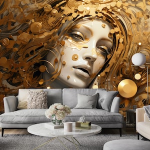 Carta da parati fotografica con donna dorata/Design moderno/Poster artistico/Murale glamour/Ideale per camera da letto e soggiorno/Stacca e incolla