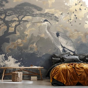 Carta da parati con gru dorata, murale con animali d'arte invernale, ideale per camera da letto e soggiorno, Vlies Non-Vowen