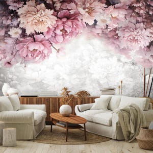 Peonie su carta da parati in cemento, design artistico, decorazione murale con fiori rosa, natura, ideale per camera da letto e soggiorno, poster, Vlies Non-Vowen