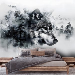 Carta da parati con lupo in bianco e nero, murale con animali selvatici invernali, ideale per camera da letto e soggiorno, Vlies Non-Vowen