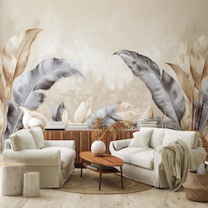 Carta da parati fotografica con foglie di banano beige e grigie / Design moderno / Poster artistico / Murale glamour / Ideale per camera da letto e soggiorno / Stacca e attacca