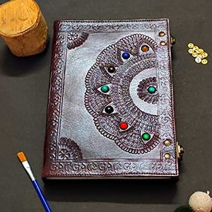 Book Of Shadows Blank Stone Embossed Leather Journal With C Lock Chakra Mandala Office Supplies Spell Book Brown Unlined Paper For Unisex