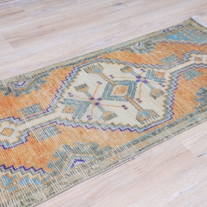 Orange Turkish Wool Rug: Small Vintage Doormat (1.5 x 3.5 ft)