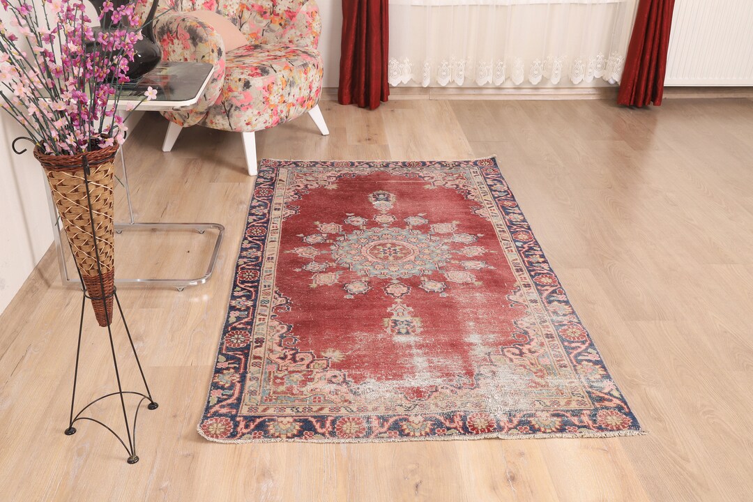 3x6 Red Bedroom Rug, Turkish Rug, Vintage Rug, Soft Oushak Rug