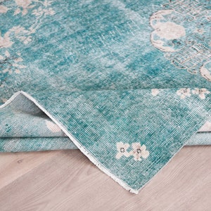 7x10 Turquoise Turkish Rug, 7x10 Large Turkish Area Rug, Vintage Oushak Rug, Wool Carpet Rug, Rugs for Living Room, Neutral Home Decor Rug