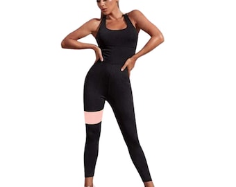 Zwarte yoga-catsuit | Roze bandjes, naadloze bodysuit met hoge taille