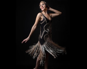 Jade Black Gold 1920s Vintage inspired Great Gatsby Art Deco Charleston Swing Fringe Wedding guest Bridesmaids dress