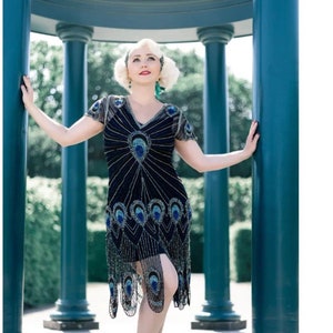 Plus Size Amelia Peacock 1920s Vintage inspired Great Gatsby Art Deco Charleston Swing Fringe Wedding guest Bridesmaids dress