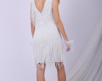 May include: White flapper-style dress with fringe detailing. The dress features a V-neck and is knee-length. The model is wearing white heels and a feathered headband. The dress is suitable for a party or special event.