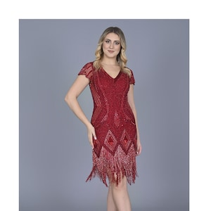 Art Deco Red 1920s Flapper Vintage inspired Great Gatsby Charleston Swing Fringe Wedding guest Bridesmaids Speakeasy dress