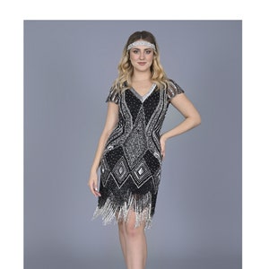 Size US12 Art Deco Black Silver 1920s Flapper Vintage inspired Great Gatsby Swing Fringe Wedding guest Bridesmaids Speakeasy dress