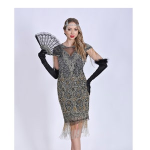 Size US10 Black Gold Silver Flapper Fringe Tassel Dress 1920s inspired Great Gatsby Art Deco Swing Wedding  Bridesmaids dress Handmade