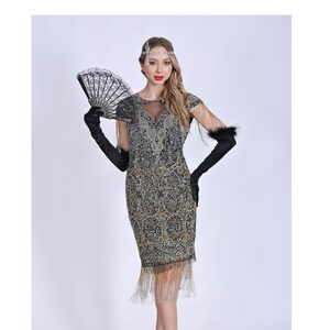 Size US12 Black Gold Silver Flapper Fringe Tassel Dress 1920s inspired Great Gatsby Art Deco Swing Wedding  Bridesmaids dress Handmade