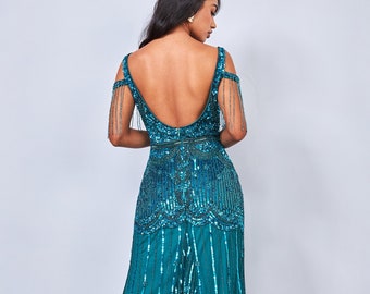 teal sequin bridesmaid dress US10 Maxi Bridesmaids Wedding Guest 1920s Vintage Inspired Great Gatsby Art Deco Swing Fringe Bridesmaids Bohemian while the lace fabric