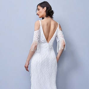 Art Deco Fringe maxi prom jaren 1920 flapper bruiloft bruids douche vintage geïnspireerd Great Gatsby Charleston Swing bruidsmeisjes Boho jurk
