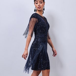 Navy Blue 1920s Vintage inspired Great Gatsby Art Deco Charleston Swing Fringe Wedding guest Bridesmaids dress