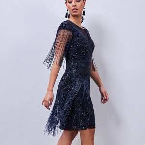 Navy 1920s Vintage inspired Great Gatsby Art Deco Charleston Swing Fringe Wedding guest Bridesmaids dress