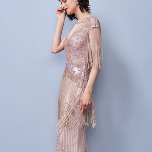 flapper dress rose gold Prettyguide Women's Flapper Dress Sequined Fringe 1920s Gatsby Party Cocktail Dresses Rose Gold with Accessories, Large