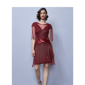 Sybil Red 1920s Vintage inspired Great Gatsby Art Deco Charleston Swing Fringe Wedding guest Bridesmaids dress