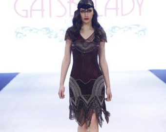 Size US6 Plum 1920s Vintage inspired Great Gatsby Art Deco Charleston Swing Fringe Wedding guest Bridesmaids dress Handmade